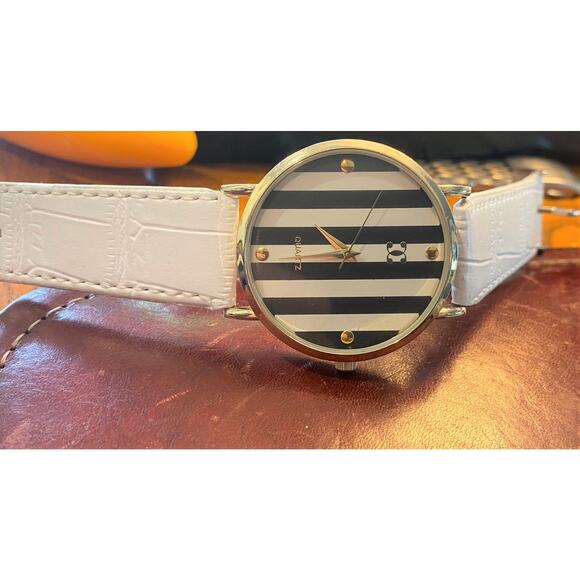 Women's 40mm Gold Tone Charming Charlie Watch, Striped Face with Black Band - Picture 2 of 3